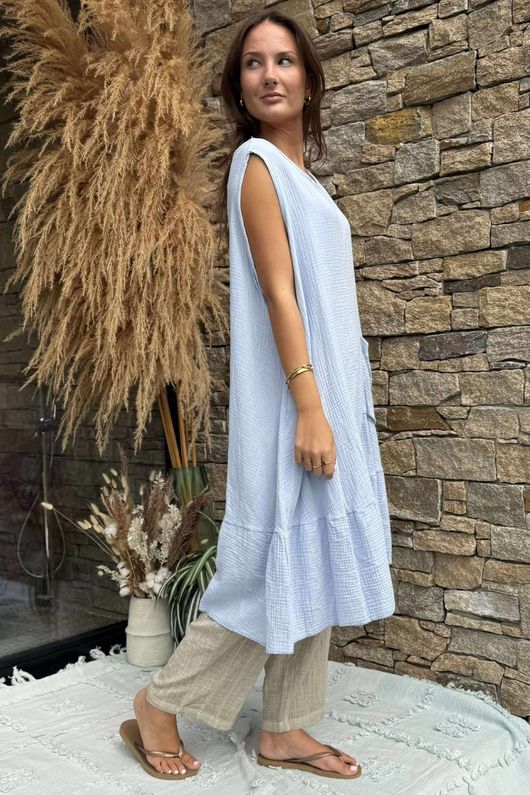 Made in Italy Pia Pillow Cotton Patch Pocket Peplum Dress Sky /26